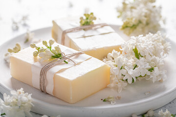 Fototapeta na wymiar Handmade lilac soap good for skin. Lilac scent soap.