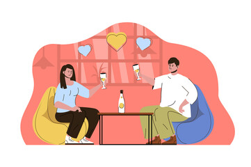Romantic dinner concept. Man and woman on date in restaurant situation. Loving couple, family relationship people scene. Vector illustration with flat character design for website and mobile site