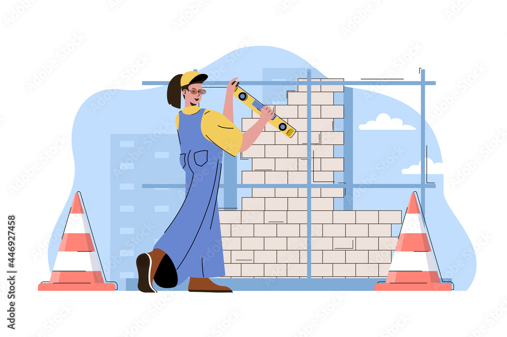 Poster skyscraper construction concept. woman builder working on building site situation. real estate busin