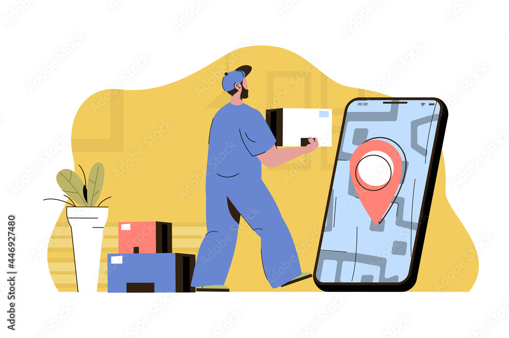 Poster smart delivery concept. courier holds parcel, express delivering to client situation. services in mo