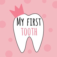 My first tooth pink vector illustration for kids party.
Baby girl first lost tooth concept. - obrazy, fototapety, plakaty