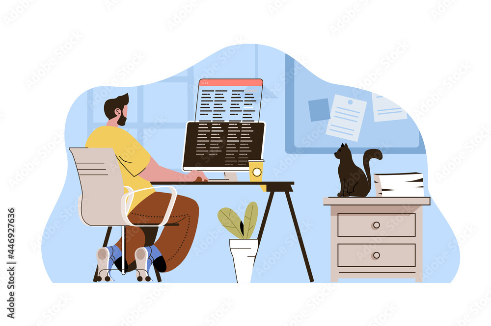 Poster successful freelancer concept. man working on computer on project situation. financially success bus
