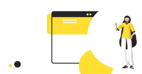 Woman cartoon and blank surface area banner, template design concept, trendy 3d illustration, 3d render.