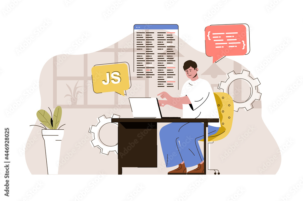 Poster Web developer concept. Designer develops site, writes code, creates layout situation. Online page development people scene. Vector illustration with flat character design for website and mobile site