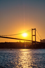 Istanbul, Turkey. Bosphorus bridge at sunset, view of the European part of the city