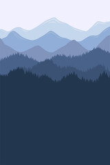 Mountain range morning landscape with fog and forest. Sunrise and sunset in mountains poster. Vector vertical illustration