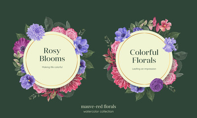 Wreath template with muave red floral concept,waterolor style