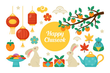 Happy Chuseok Korean thanksgiving holiday elements set. Mid Autumn and Harvest festival greeting card, poster and banner template design