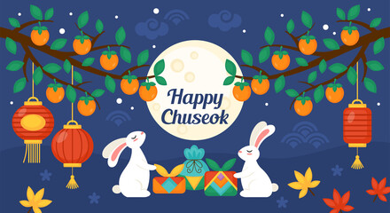 Happy Chuseok Korean thanksgiving holiday banner design. Mid Autumn and Harvest festival greeting card and poster template