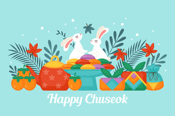 Happy Chuseok Korean thanksgiving holiday banner design. Mid Autumn and Harvest festival greeting card and poster template