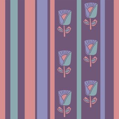 Repeating Vector Pattern With Stripes And Flowers In Purple, Pink And Green