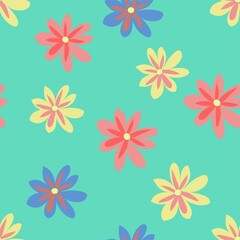 Sketchy Floral Vector Pattern In Pink, Blue And Yellow On An Aqua Green Backdrop