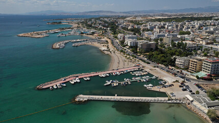 Aerial drone photo of seaside area with ports and beaches of Glifada, Athens riviera, Attica, Greece