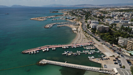 Fototapeta premium Aerial drone photo of seaside area with ports and beaches of Glifada, Athens riviera, Attica, Greece