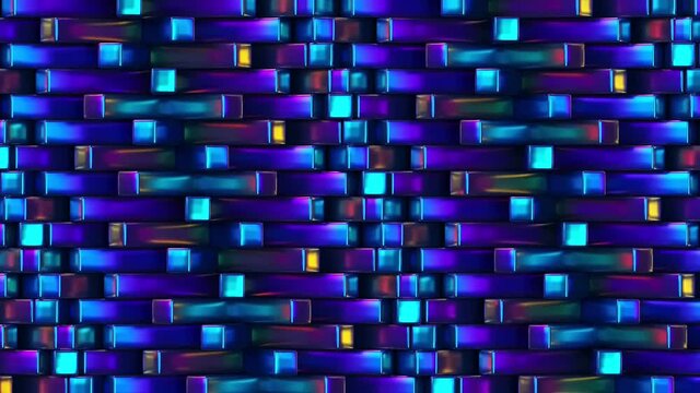 Moving holographic violet cubes on blue background, trendy minimal 3d looping animation, creative geometric pattern with iridescent square shapes, surreal modern contemporary bright backdrop