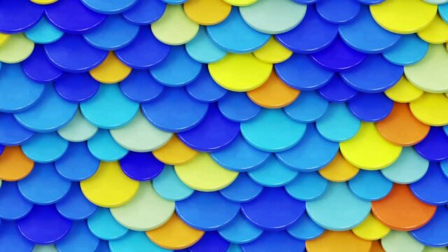Moving fish scales on blue background, trendy minimal 3d looping animation, creative geometric pattern with dragon skin, surreal modern contemporary bright backdrop