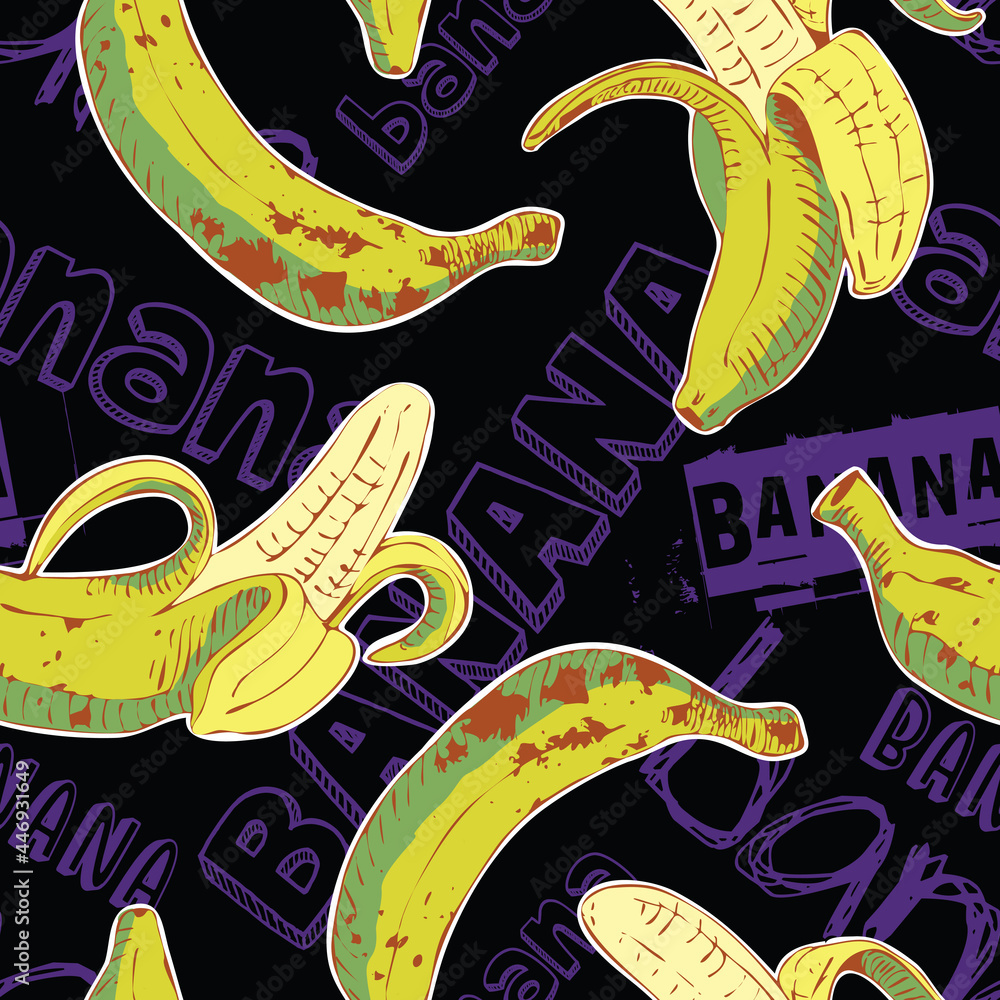 Poster vector image of seamless textures with bananas for packaging and paper napkins