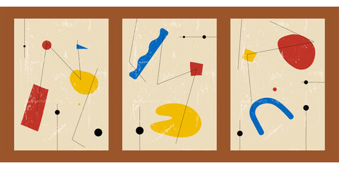 Set of four vertical geometric posters. Pattern for decorating interiors. Modern minimalistic decor in pleasant colors. Vintage faded background with various shapes, dots, lines.