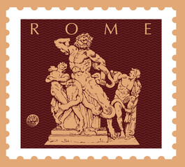 Obraz premium Vector image of a postage stamp with a Roman monument, sculpture of Laocoon with his sons, made in graphic style.