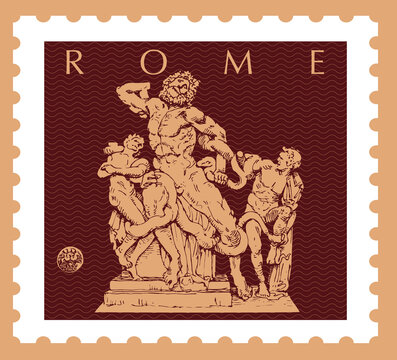 Vector image of a postage stamp with a Roman monument, sculpture of Laocoon with his sons, made in graphic style.