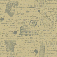 vector image of seamless texture with antique italy landmarks in the style of traveler notes and sketches