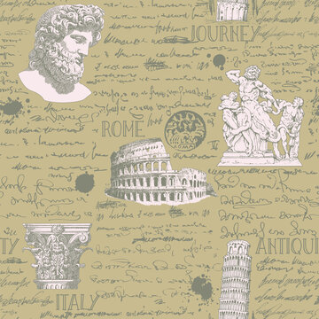 vector image of seamless texture with antique italy landmarks in the style of traveler notes and sketches