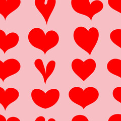 Set of red hearts on a pink background, seamless pattern. Template for wrapping or greeting card for valentine's day, cover saver for lovers.