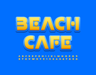 Vector trendy emblem Beach Cafe. Modern style Font. Creative bright Alphabet Letters and Numbers set