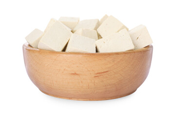 Wooden bowl with delicious tofu isolated on white