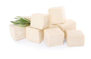 Delicious tofu and rosemary on white background