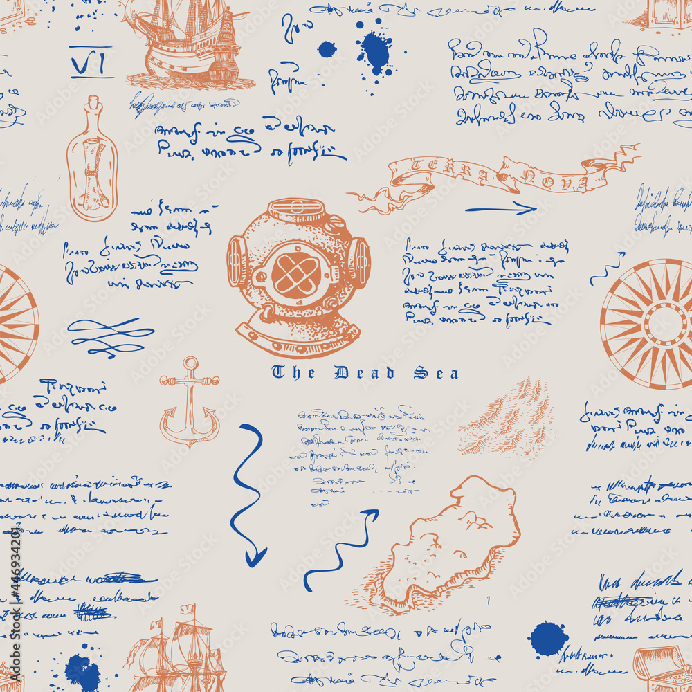 Poster vector image of a seamless texture in the style of a medieval nautical record of the captain's diary