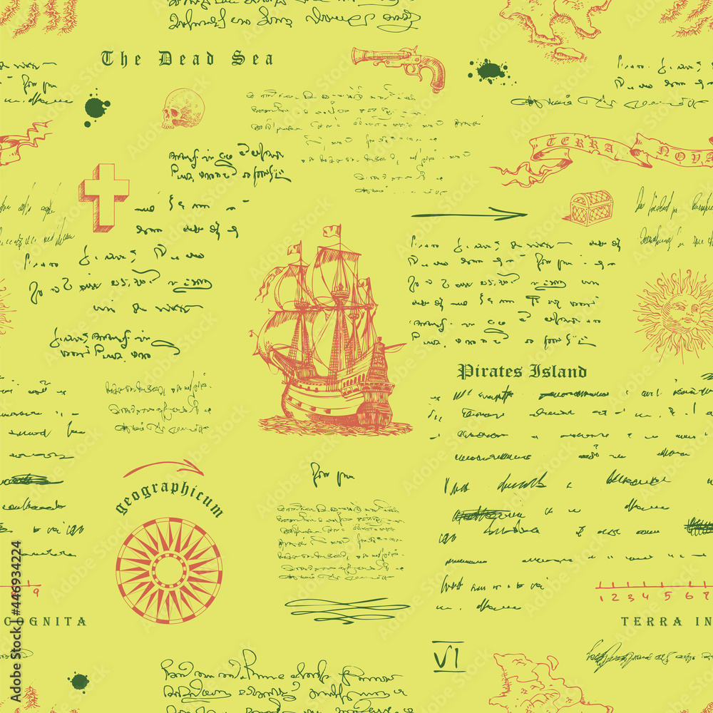 Poster vector image of a seamless texture in the style of a medieval nautical record of the captain's diary