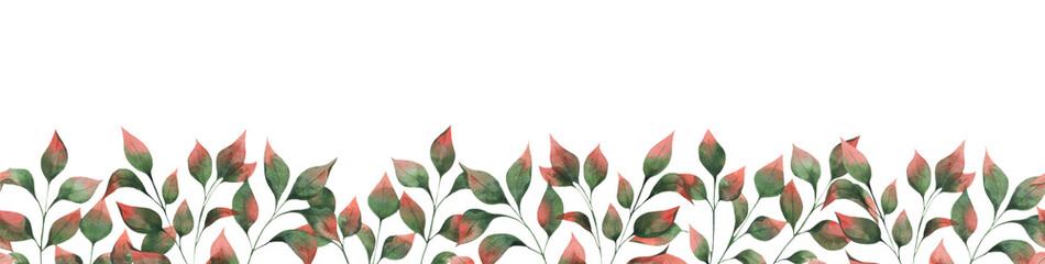 Watercolor seamless border with autumn leaf branches, green leaves with red tips. Autumn botanical illustration for postcards, decor, fabrics