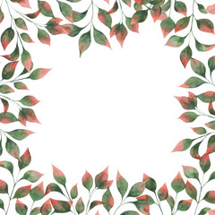 Watercolor square frame with autumn leaf branches, green leaves with red tips on a white background. Autumn botanical illustration for postcards, decor, fabrics