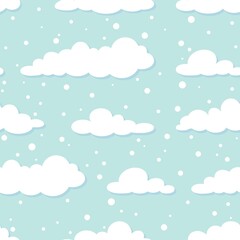 Winter Seamless pattern with white clouds and flat snowflakes and dots on blue sky.