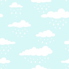 Seamless background with white clouds and raindrops on blue sky.