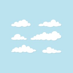 set of white clouds on blue sky. Overcast icon. Vector air flat illustration Cartoon weather sign. Cloudy day. Season symbol. Hosting or data symbol.