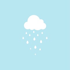 white cloud and raindrops on blue sky. Overcast icon. Vector flat illustration.