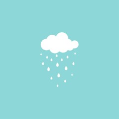 white cloud and raindrops on blue sky. Overcast icon. Vector flat illustration.