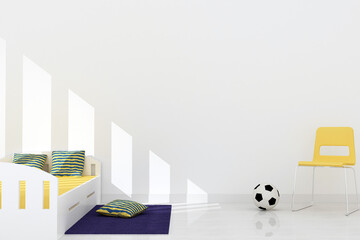 interior of a kids room with a chair and bed