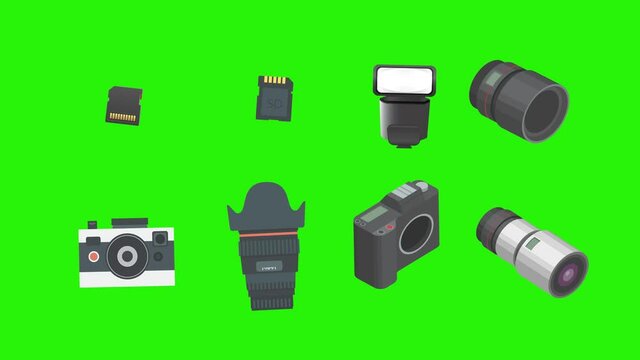 Photography gadgets equipment animation, on green screen chroma key, graphic source elements