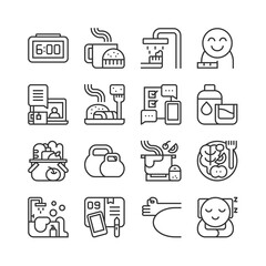 Daily routine icon set. Healthy living activity concept. Wake up, breakfast, shower, work, exercise, meditate, and more. Vector illustration, outline style, editable stroke, pixel perfect 64x64. 