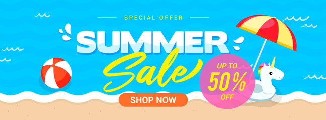 Summer sale banner vector illustration. Summer beach with unicorn pool float