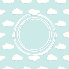 Cute clouds ornament with white shabby round frameon powder blue background.