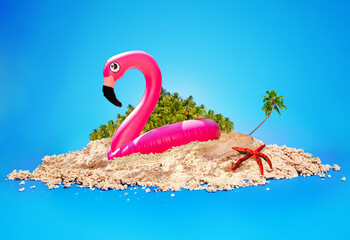 Beach fun illustration of flamingo and sand island