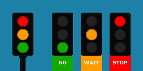 Traffic light pole rules street with green yellow and red light on road on blue background flat icon vector.