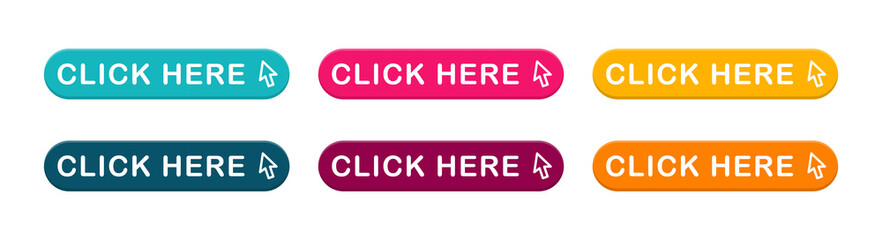 Click here web buttons. Set of action button click here with arrow pointer. Vector illustration.