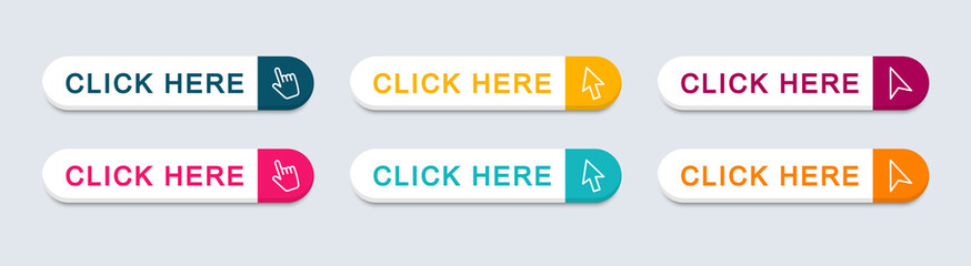 Click here web buttons. Set of action button click here with arrow pointer. Vector illustration.