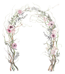 Garden wedding arch of tender flowers, branches and eucalyptus. Hand painted watercolor illustration. - obrazy, fototapety, plakaty