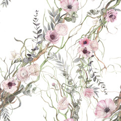 Floral seamless pattern of tender flowers and branches. Hand painted watercolor illustration.